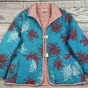 Patty Kim Jacket Women's Sz Large Quilt Cotton Print Coral Blue Red 2 Button